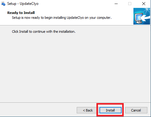 Fenêtre Setup - UpdateClyo prête à installer avec le bouton Install encadré
