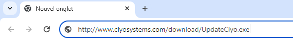 Navigateur avec l'adresse de téléchargement UpdateClyo.exe saisie dans la barre d'URL