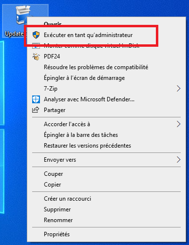 Menu contextuel du fichier UpdateClyo avec l'option Exécuter en tant qu'administrateur encadrée