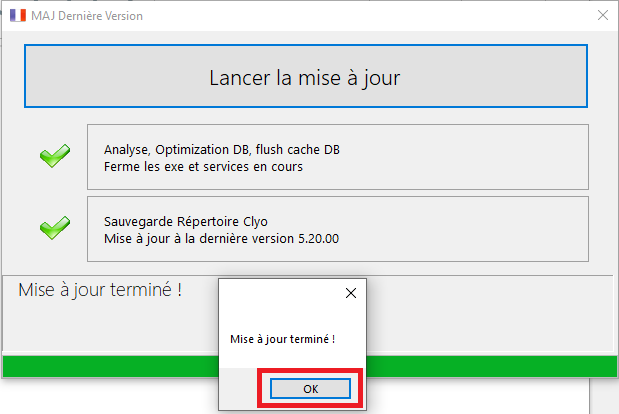 Fenêtre de confirmation « Mise à jour terminé ! » avec le bouton OK encadré