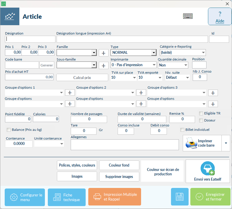 Grille de configuration du clavier avec la liste des articles et les boutons d'action en bas